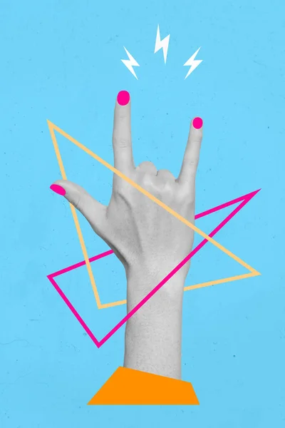 Exclusive collage picture of human arms make horned symbol show pink manicure rock festival isolated blue color background.