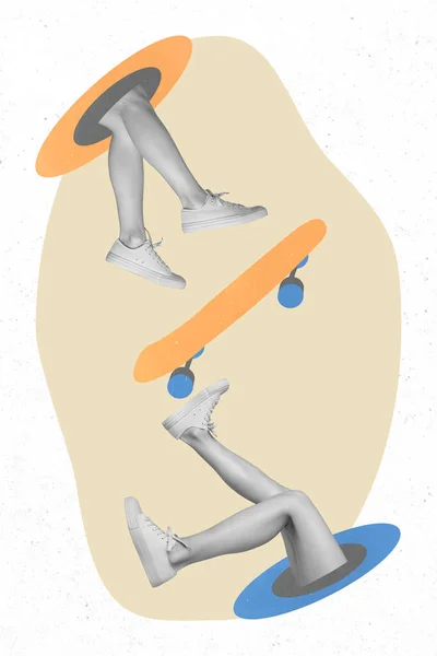 コラージュ作品写真2人の女性の足のトレーニングバランススケート孤立塗装背景 — ストック写真