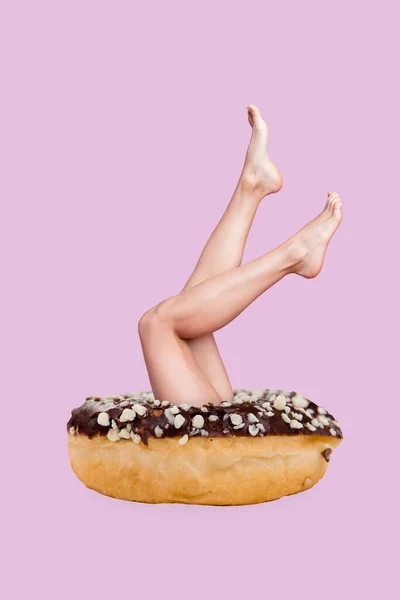 Collage Sketch Big Chocolate Cookie Donut Woman Legs Calories Counting — Stockfoto