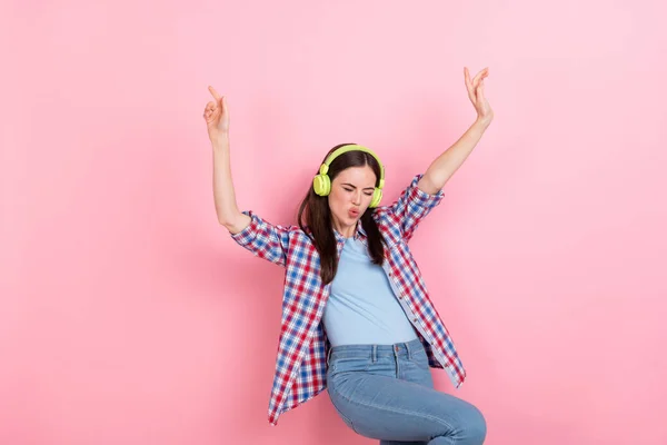 Photo Cheerful Overjoyed Enjoying Music Dancing Raise Hands Isolated Pink — Stockfoto