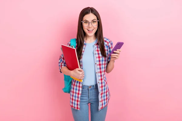 Photo Cheerful Positive College Girl Chatting Friend Phone Lesson Isolated — Stockfoto