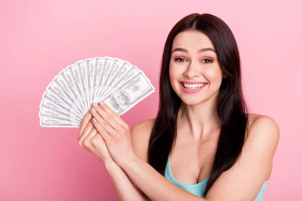 Photo Rich Hooray Millennial Lady Show Money Wear Blue Top — Stock Photo, Image