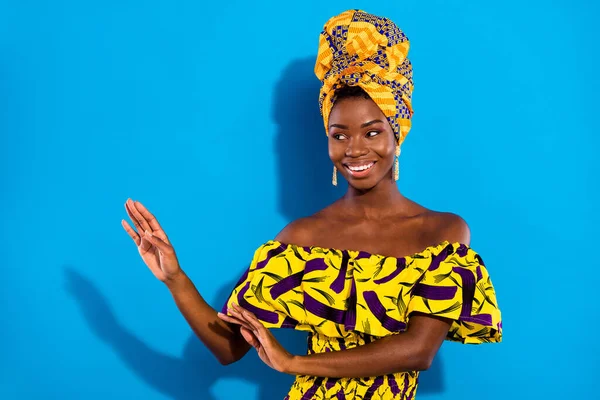 Photo Charming Cheerful Dark Skin Girl Hands Palms Show Stop — Stockfoto