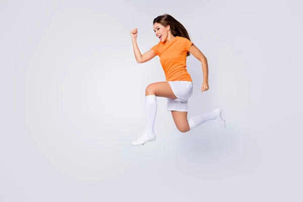 Full Length Profile Photo Excited Lady Player Soccer Jump Bieg — Zdjęcie stockowe