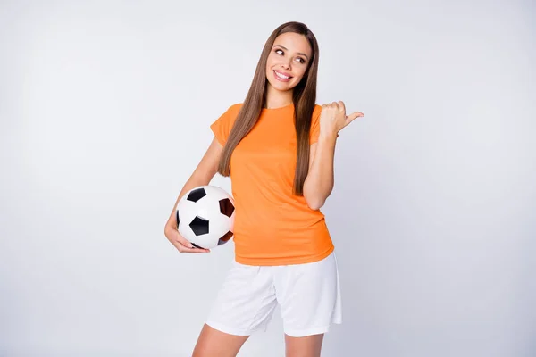 Photo Captain Soccer Team Joyful Lady Direct Thumb Finger Empty — Zdjęcie stockowe