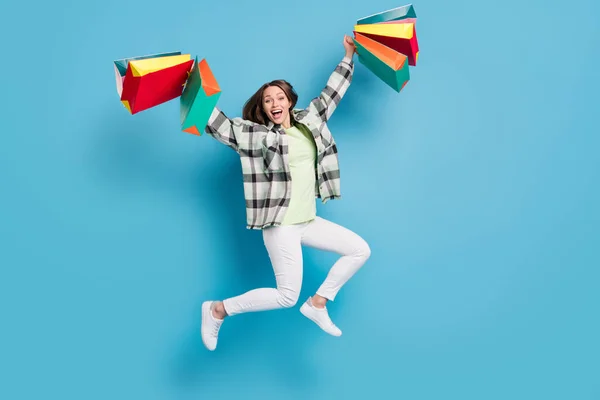 Volledig Lichaam Profiel Zijkant Foto Van Jong Meisje Gelukkig Positieve — Stockfoto