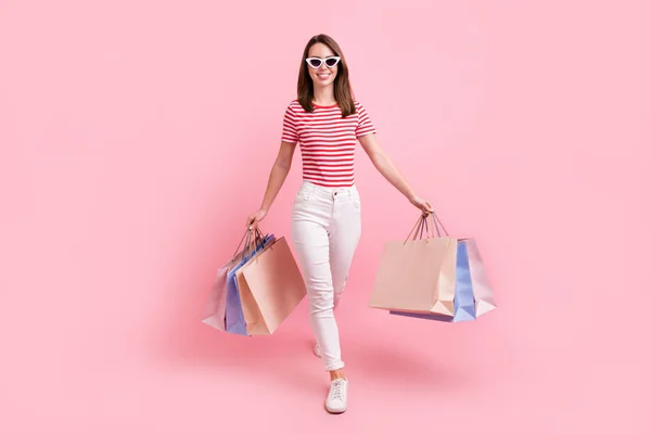 Full Length Photo Young Girl Happy Positive Smile Walk Step — Stock Photo, Image