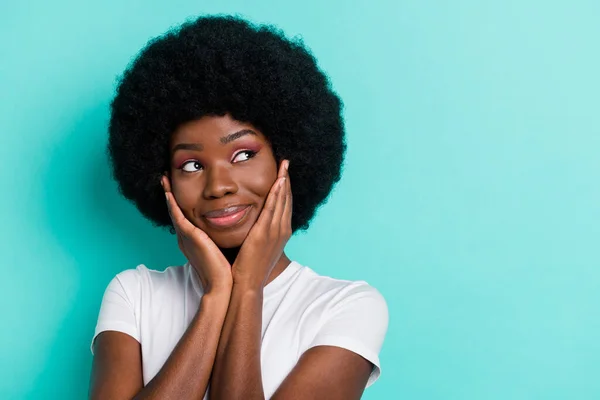 Photo Think Short Hairdo Brunette Millennial Lady Hands Face Look — Stockfoto