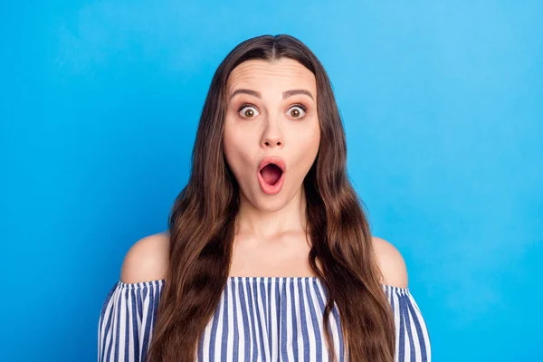 Photo Portrait Woman Long Hair Striped Blouse Amazed Stare Opened — Stockfoto