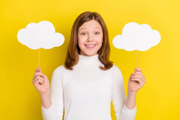Photo Cheerful Pretty Young Small Girl Hold Hands Sticks Clouds — Stock Photo, Image