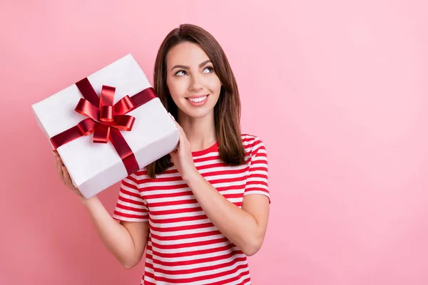 Photo Young Woman Happy Positive Smile Hold Present Box Holiday — Stockfoto