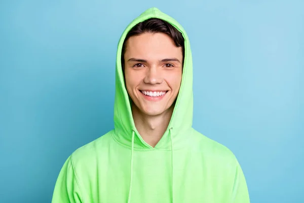 Photo Charming Sweet Young Gentleman Wear Green Sweatshirt Hood Smiling — Stockfoto