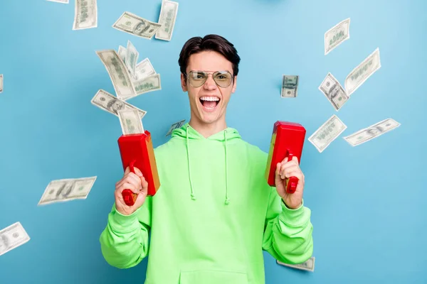 Photo Funky Cool Young Guy Dressed Green Hoodie Shooting Money — Stock Photo, Image