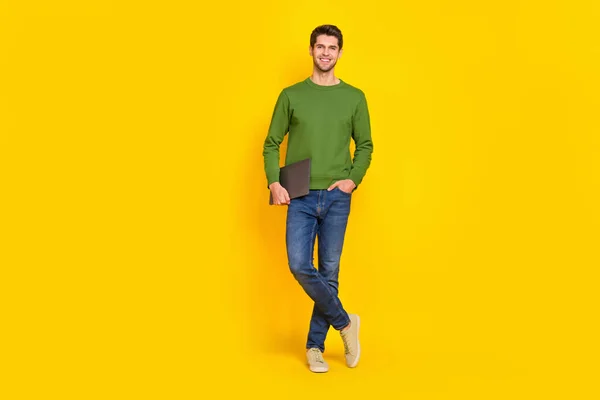 Photo Funny Attractive Guy Wear Green Sweater Holding Modern Gadget — Stock Photo, Image