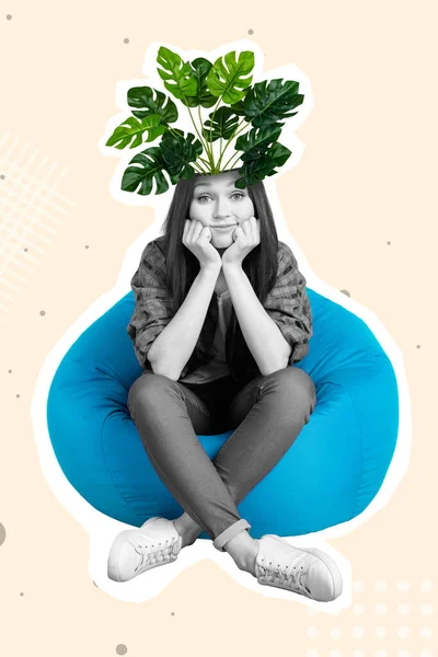 Creative Photo Artwork Graphics Painting Lady Sitting Bean Bag Palm — Stock Photo, Image