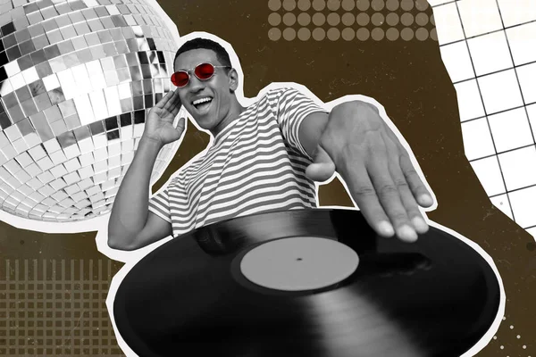Creative retro 3d magazine collage of african black guy plying vinyl music isolated drawing background.