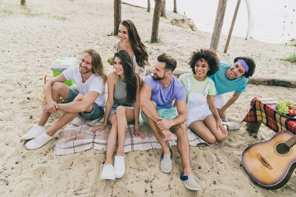 Portrait of attractive people best buddy fellow spending day sunny weather pastime relax at beach picnic outdoors.