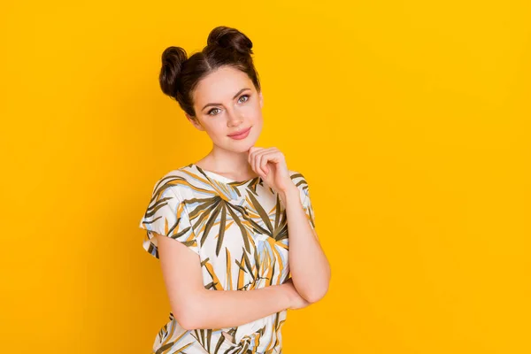 Foto Adorável Senhora Sonhadora Vestido Impressão Shirt Braço Queixo Sorrindo — Fotografia de Stock