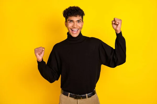 Photo Lucky Funny Dark Skin Man Wear Black Jumper Rising — Stockfoto