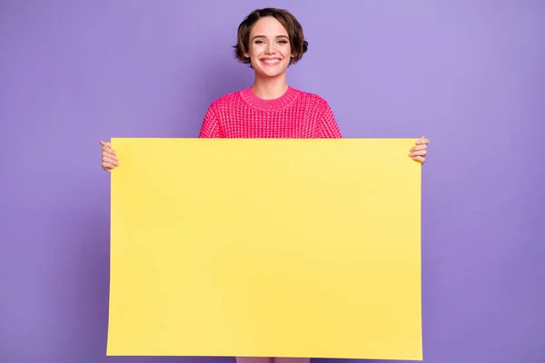 Portrait Charming Person Smile Hands Holding Big Yellow Poster Wear — Stock Photo, Image