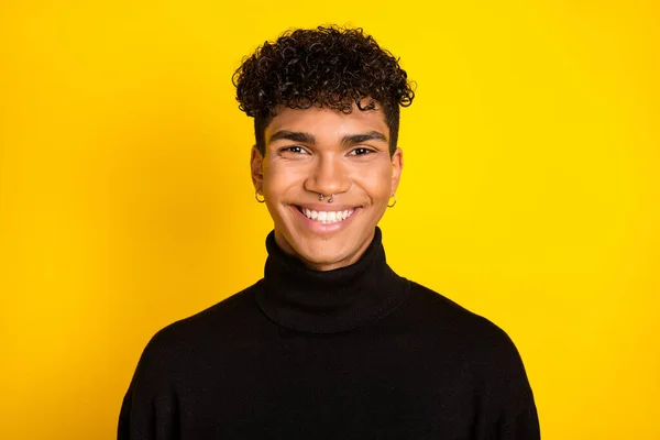 Photo Optimistic Brunet Guy Wear Black Sweater Isolated Vibrant Yellow — Stockfoto