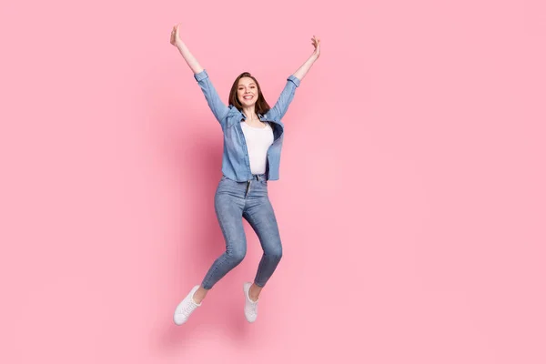 Full Length Body Size Photo Girl Smiling Cheerful Jumping Wearing — Stockfoto