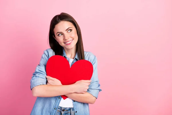 Foto Brilhante Adorável Jovem Senhora Usar Camisa Jeans Sorrindo Abraçando — Fotografia de Stock