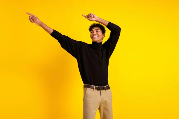 Photo Funky Sweet Dark Skin Man Wear Black Dancing Pointing — Stock Photo, Image