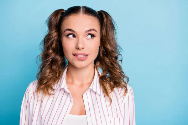 Photo Portrait Curious Dreamy Girl Looking Empty Space Biting Lip — Stockfoto