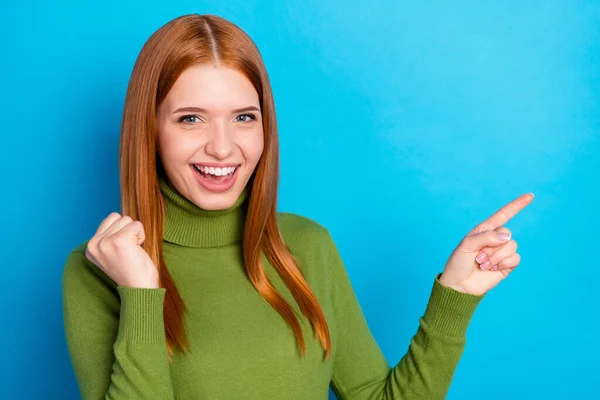 Portrait Attractive Cheerful Girl Showing New Novelty Copy Space Empty — Stockfoto