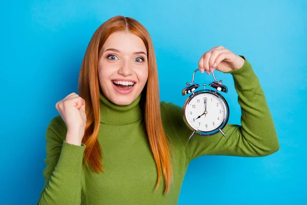 Portrait Attractive Cheerful Lucky Girl Holding Hand Clock Having Fun — Stock Photo, Image