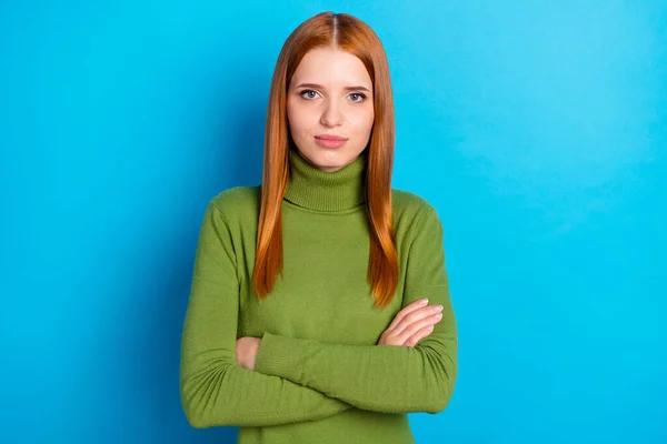 stock image Photo of charming young person folded hands look attentively camera isolated on blue color background.