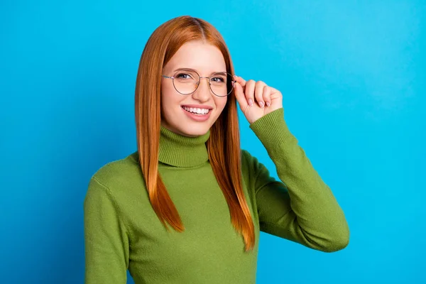 Foto Mujer Joven Feliz Encantadora Positiva Usar Gafas Sonrisa Buen —  Fotos de Stock
