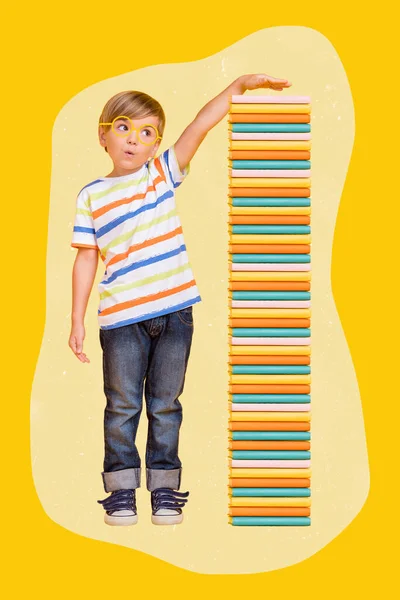 Creative Collage Image Little Boy Hand Showing Height Pile Stack — Stock Photo, Image