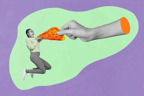 Composite collage picture of big arm hold give large pizza slice excited girl black white effect isolated on drawing background.