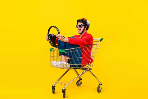 Full Length Body Size View Attractive Cheerful Guy Cart Hold — Zdjęcie stockowe
