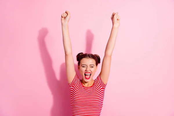 Photo Funky Lucky Woman Wear Cropped Shirt Creaming Rising Fists — Stock Photo, Image