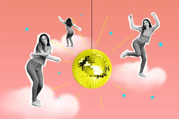 Collage Picture Three Girls Black White Effect Enjoy Dancing Clubbing — Stockfoto