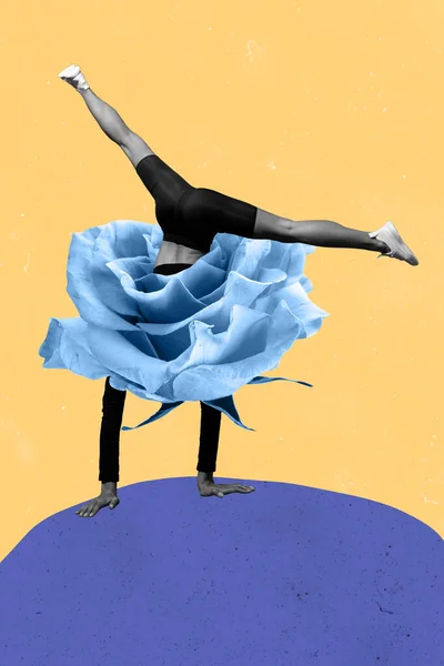 Creativo Retro Revista Imagen Señora Pie Brazos Usando Azul Flor — Foto de Stock