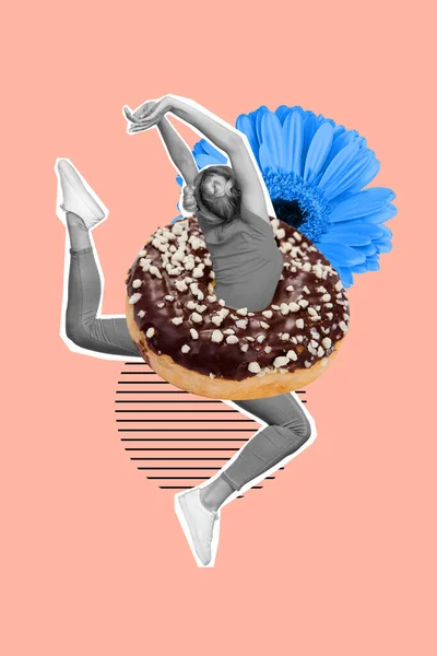 Artwork Magazine Picture Sporty Lady Jumping Donut Big Blue Flower — Stock Photo, Image