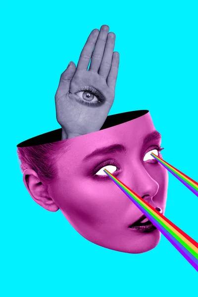 Ilustración Collage Compuesto Vertical Ojos Cabeza Mujer Irradian Arco Iris — Foto de Stock