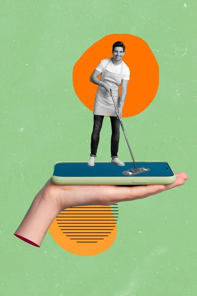 腕の手のひらを保持する携帯電話のミニ男の創造的なレトロな3D雑誌のイメージは タッチスクリーンの絶縁された図面の背景を結ぶ — ストック写真