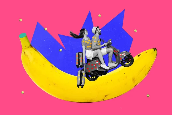 二人の女の子男黒白効果ドライブモップ巨大なバナナ描画星のコラージュ写真創造的な背景 — ストック写真