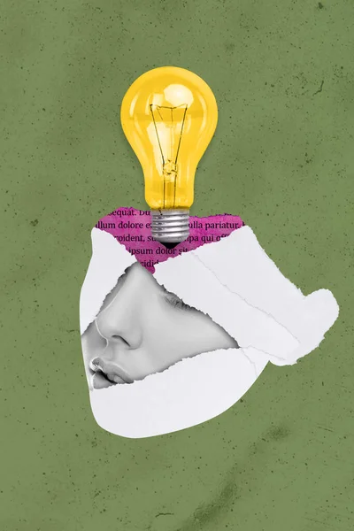 Vertical Creative Collage Human Head Made Paper Book Light Bulb — Stockfoto