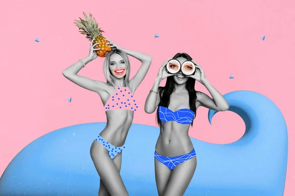 两个疯狂快乐的女孩 黑白相间的臂膀抱着菠萝椰子眼 在粉刷的背景下 形成了一幅别致的拼贴画面 — 图库照片