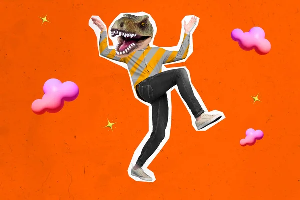 Collage Compuesto Imagen Persona Excitada Dinosaurio Cabeza Caminar Dibujo Naranja —  Fotos de Stock
