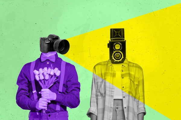 两个人的复合拼贴图片 用紫色 白色的照相相机代替原图背景中的人头隔离 — 图库照片