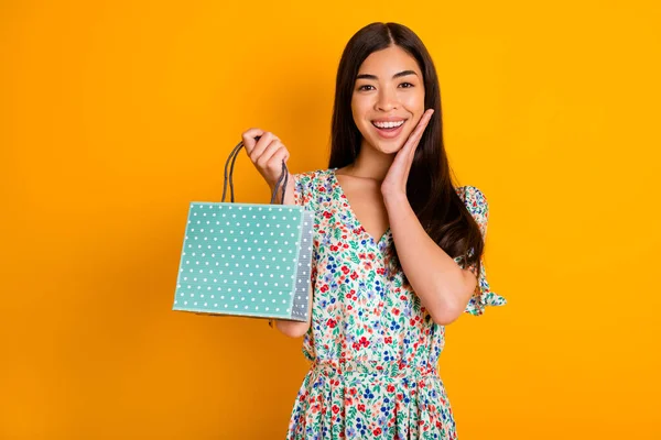 Photo of excited pretty lady hold bag arm touch cheek unbelievable offer isolated on yellow color background.