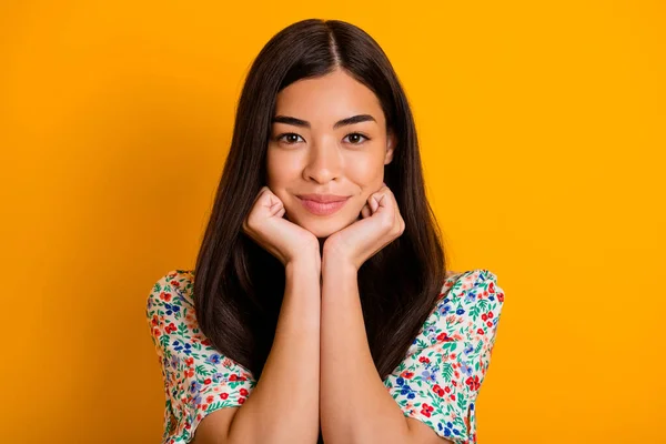 Photo of good looking pretty japanese female wearing lovely blouse go on date with boyfriend isolated on yellow color background.