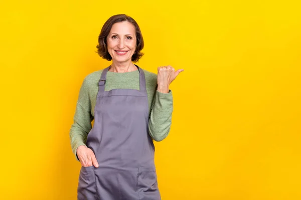 Ritratto Attraente Allegra Donna Dai Capelli Grigi Aiutante Dimostrando Annuncio — Foto Stock